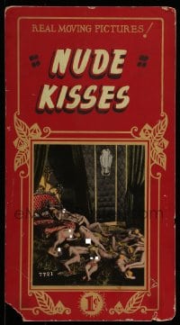 7m183 NUDE KISSES 11x20 Mutoscope card 1920s wild image of man with many naked women at orgy!