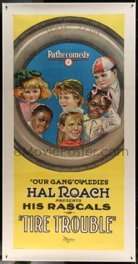 7p058 TIRE TROUBLE linen 3sh 1924 great stone litho of six Our Gang kids, Farina & Sunshine Sammy!