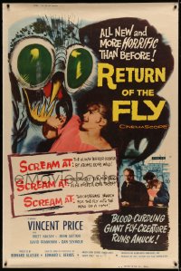 7p009 RETURN OF THE FLY 40x60 1959 Vincent Price, insect monster art, more horrific than before!