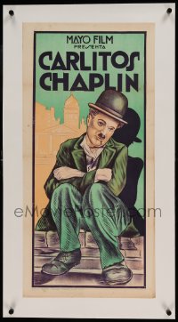 7p230 CHARLIE CHAPLIN linen Argentinean 14x29 1920s art of the legendary comedian as The Tramp, rare!