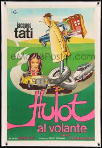 7p239 TRAFFIC linen Argentinean 1971 great wacky art of Jacques Tati as Mr. Hulot!