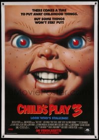 7p134 CHILD'S PLAY 3 linen 27x40 video poster 1991 creepy super close image of killer doll Chucky!