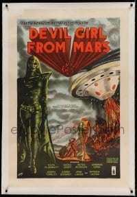 7p246 DEVIL GIRL FROM MARS linen English 1sh 1955 Robb art of Earth menaced by female alien, rare!