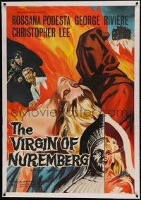 7p247 HORROR CASTLE linen English 1sh 1964 Virgin of Nuremberg, art of cloaked guy carrying girl!