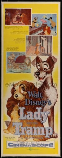 7p125 LADY & THE TRAMP linen insert 1955 Disney classic dog cartoon, includes the spaghetti scene!