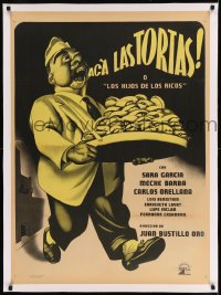 7p217 ACA LAS TORTAS linen Mexican poster 1951 Ernesto Garcia Cabral art of man with bakery goods!