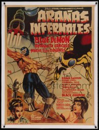 7p218 ARANAS INFERNALES linen Mexican poster 1968 Ocana art of masked wrestler in huge spider web!