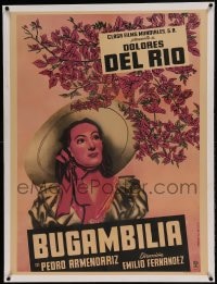 7p219 BUGAMBILIA linen Mexican poster R1950s Aguirre Tinoco art of pretty Dolores Del Rio, rare!