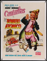 7p220 EL BOMBERO ATOMICO linen Mexican poster 1952 great cartoon art of firefighter Cantinflas!