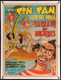 7p223 LA ISLA DE LAS MUJERES linen Mexican poster 1953 Urzaiz art of Tin-Tan on island w/sexy girls