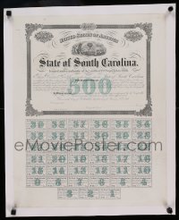 7p142 STATE OF SOUTH CAROLINA $500 BOND linen 17x22 bond certificate 1867 complete with coupons!