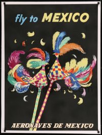 7p149 AERONAVES DE MEXICO MEXICO linen 27x37 Mexican travel poster 1960s colorful art of paper birds!
