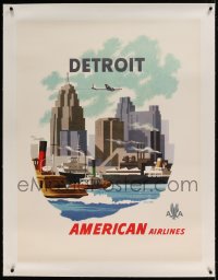 7p097 AMERICAN AIRLINES DETROIT linen 30x40 travel poster 1950s art of plane over city by Bern Hill