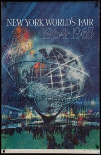 7p026 NEW YORK WORLD'S FAIR 28x43 travel poster 1961 art of the Unisphere & fireworks by Bob Peak!