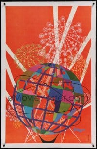 7p159 TWA NEW YORK WORLD'S FAIR linen 25x40 travel poster 1964 cool Unisphere art by David Klein!