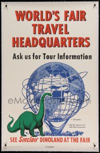 7p160 WORLD'S FAIR TRAVEL HEADQUARTERS linen 28x44 travel poster 1964 see Sinclair Dinoland, rare!