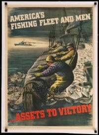 7p161 AMERICA'S FISHING FLEET & MEN linen 20x28 WWII war poster 1943 Henry Koerner art of fishermen!