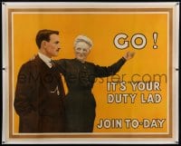 7p099 GO IT'S YOUR DUTY LAD linen 40x50 English WWI war poster 1915 join the military today, rare!