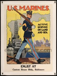 7p177 U.S. MARINES ACTIVE SERVICE ON LAND & SEA linen 28x39 WWI war poster 1916 Reisenberg art!