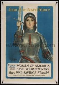 7p181 WOMEN OF AMERICA SAVE YOUR COUNTRY linen 20x30 WWI poster 1918 Joan of Arc by Haskell Coffin!