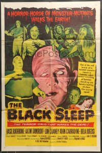 7r093 BLACK SLEEP 1sh 1956 Lon Chaney Jr. holding his victim, Bela Lugosi, Tor Johnson