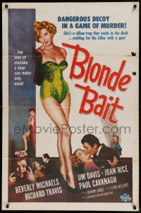 7r095 BLONDE BAIT 1sh R1950s full-length sexy smoking bad girl Beverly Michaels is a silken trap!