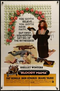 7r099 BLOODY MAMA 1sh 1970 Roger Corman, AIP, crazy Shelley Winters w/Bible and tommy gun!