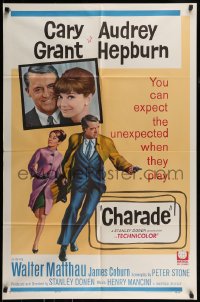7r154 CHARADE 1sh 1963 art of tough Cary Grant & sexy Audrey Hepburn, expect the unexpected!