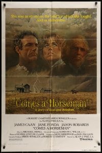 7r174 COMES A HORSEMAN 1sh 1978 art of James Caan, Jane Fonda & Jason Robards in sky by McGinnis!