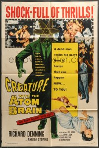 7r193 CREATURE WITH THE ATOM BRAIN 1sh 1955 cool sci-fi art of dead man stalking his prey!
