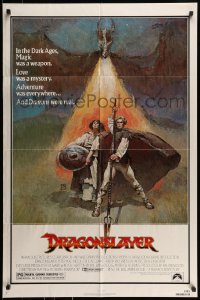 7r257 DRAGONSLAYER 1sh 1981 cool Jeff Jones fantasy artwork of Peter MacNicol w/spear & dragon!