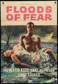 7r310 FLOODS OF FEAR English 1sh 1959 art of barechested Howard Keel holding sexy Anne Heywood!