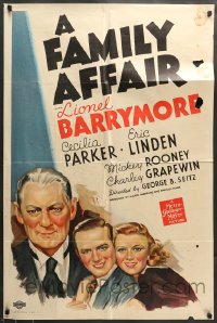 7r291 FAMILY AFFAIR 1sh 1937 Lionel Barrymore as Judge Hardy, first Andy Hardy!