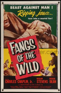 7r292 FANGS OF THE WILD 1sh 1954 great image of Shep the Wonder Dog tearing into his foe!