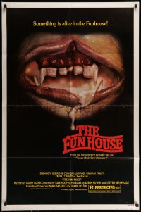 7r333 FUNHOUSE 1sh 1981 Tobe Hooper, creepy close up of drooling mouth with nasty teeth!