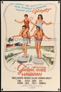 7r345 GIDGET GOES HAWAIIAN 1sh 1961 best image of two guys surfing with girls on their shoulders!