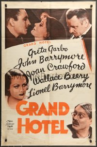7r360 GRAND HOTEL 1sh R1962 Greta Garbo, John & Lionel Barrymore, Joan Crawford, Wallace Beery!
