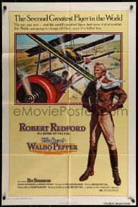 7r362 GREAT WALDO PEPPER 1sh 1975 Robert Redford, aviation art on yellow background by Gary Meyer!