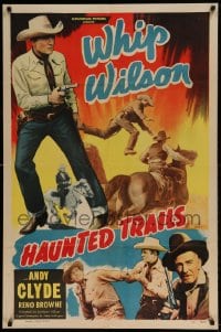 7r383 HAUNTED TRAILS 1sh 1949 close up of cowboy Whip Wilson with gun, on horse & fighting bad guy!