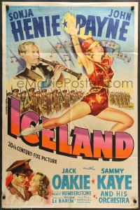 7r430 ICELAND 1sh 1942 stone litho of ice skating Sonja Henie, John Payne & Sammy Kaye w/clarinet!
