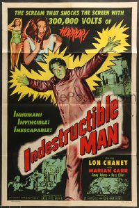 7r436 INDESTRUCTIBLE MAN 1sh 1956 Lon Chaney Jr. as inhuman, invincible, inescapable monster!