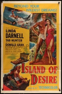 7r445 ISLAND OF DESIRE 1sh 1952 full-length art of sexy Linda Darnell & barechested Tab Hunter!