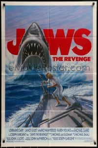 7r454 JAWS: THE REVENGE 1sh 1987 great artwork of shark attacking ship, this time it's personal!