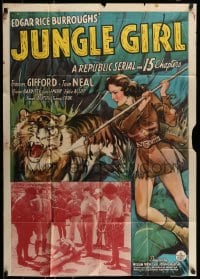 7r459 JUNGLE GIRL 27x38 1sh 1941 Gifford w/spear & tiger, Edgar Rice Burroughs, Flight to Freedom!
