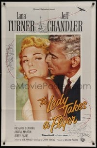 7r481 LADY TAKES A FLYER 1sh 1958 close up art of Jeff Chandler nuzzling sexiest Lana Turner!