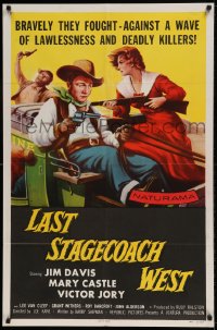 7r485 LAST STAGECOACH WEST 1sh 1957 art of Jim Davis & Mary Castle w/guns on runaway stagecoach!