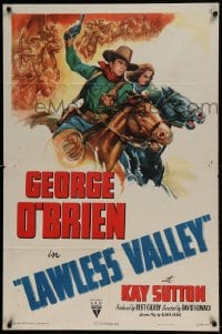 7r489 LAWLESS VALLEY style A 1sh R1948 George O'Brien & Kay Sutton on horseback in western action!