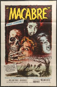 7r528 MACABRE 1sh 1958 William Castle, cool Besser art of skeleton & screaming babes in graveyard!