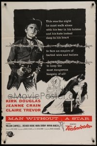 7r544 MAN WITHOUT A STAR military 1sh R1960s great art of cowboy Kirk Douglas & sexy Jeanne Crain!