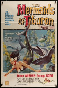 7r567 MERMAIDS OF TIBURON 1sh 1962 art of sexy mermaid & shark, plunge into undersea adventure!